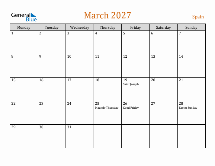 March 2027 Holiday Calendar with Monday Start