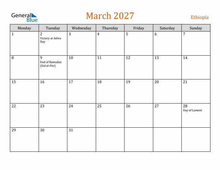 March 2027 Holiday Calendar with Monday Start