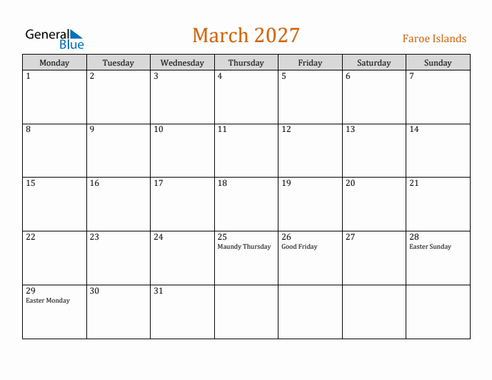 March 2027 Holiday Calendar with Monday Start