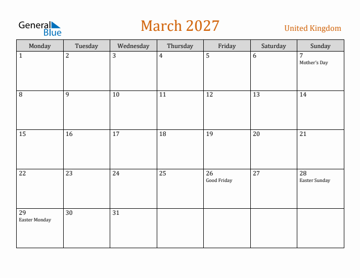 March 2027 Holiday Calendar with Monday Start