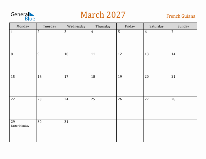 March 2027 Holiday Calendar with Monday Start