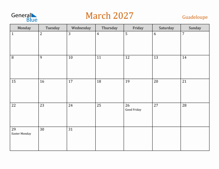 March 2027 Holiday Calendar with Monday Start