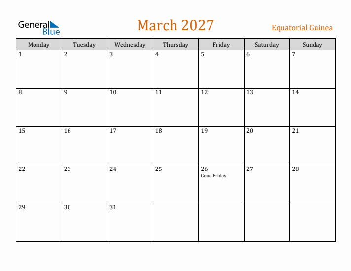 March 2027 Holiday Calendar with Monday Start