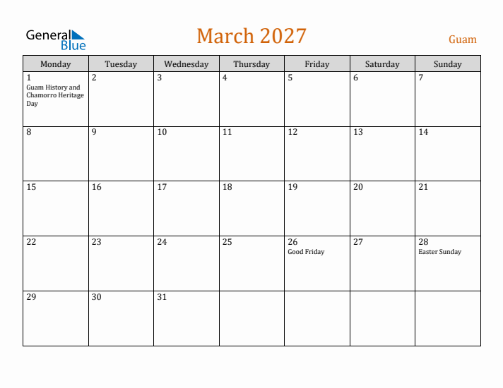 March 2027 Holiday Calendar with Monday Start