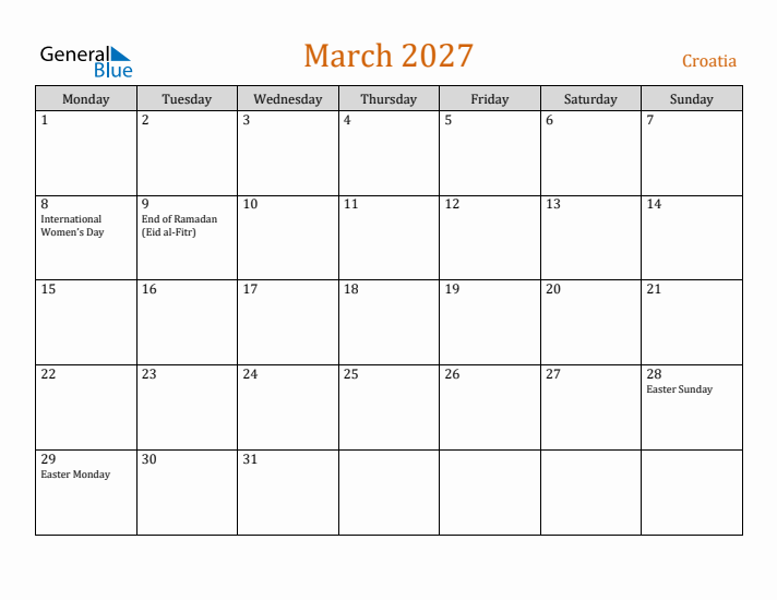 March 2027 Holiday Calendar with Monday Start