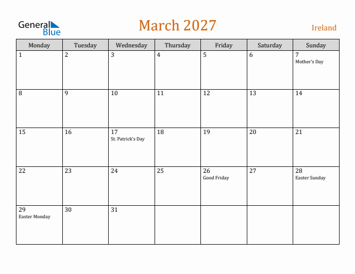 March 2027 Holiday Calendar with Monday Start