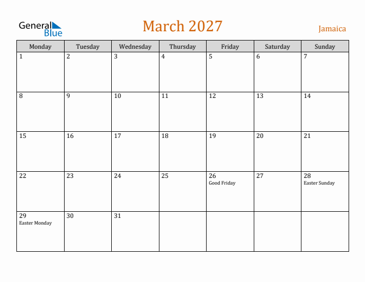 March 2027 Holiday Calendar with Monday Start