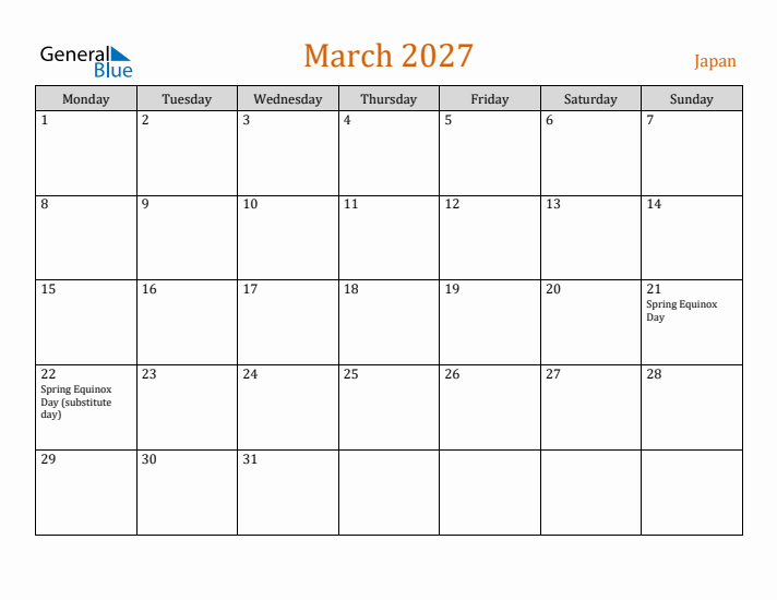 March 2027 Holiday Calendar with Monday Start