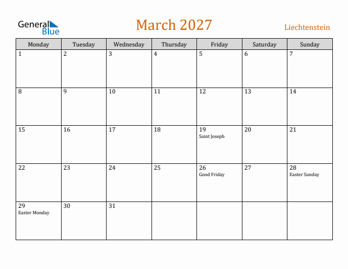 March 2027 Holiday Calendar with Monday Start