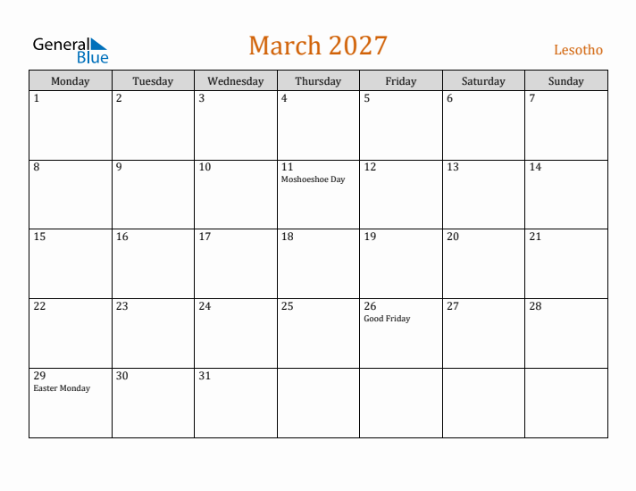 March 2027 Holiday Calendar with Monday Start