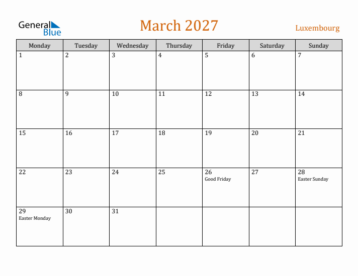 March 2027 Holiday Calendar with Monday Start