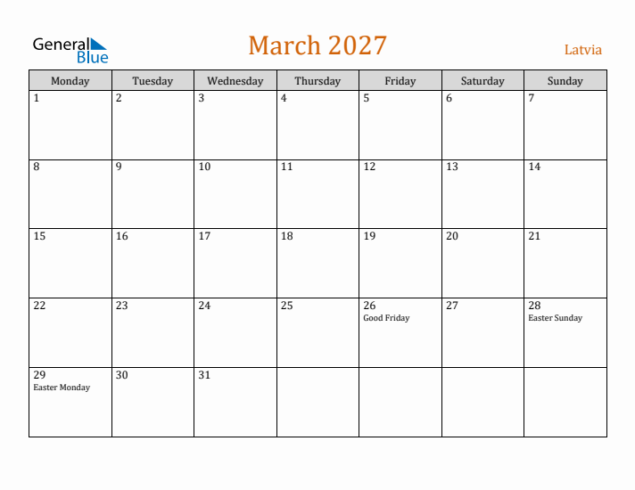 March 2027 Holiday Calendar with Monday Start