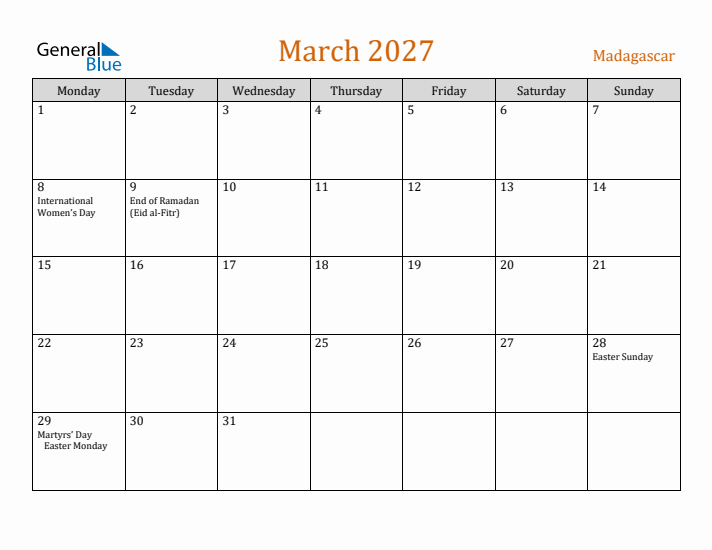 March 2027 Holiday Calendar with Monday Start