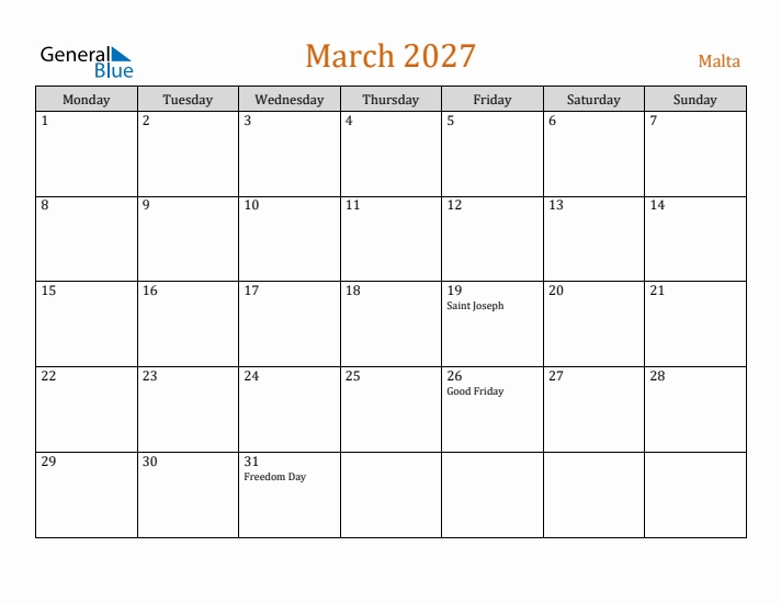 March 2027 Holiday Calendar with Monday Start