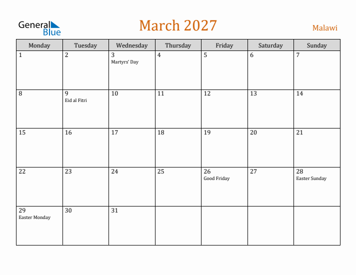 March 2027 Holiday Calendar with Monday Start