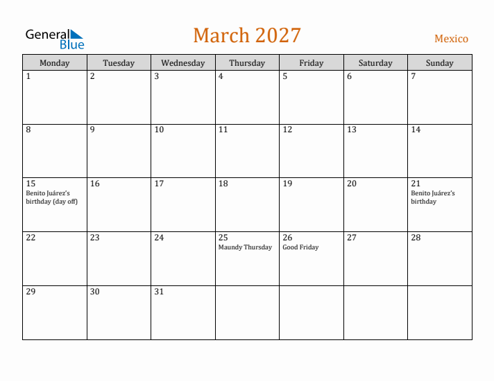 March 2027 Holiday Calendar with Monday Start