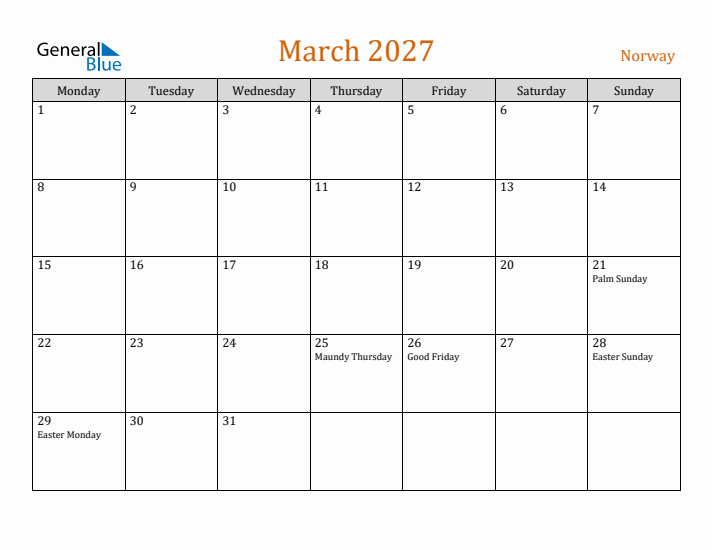 March 2027 Holiday Calendar with Monday Start