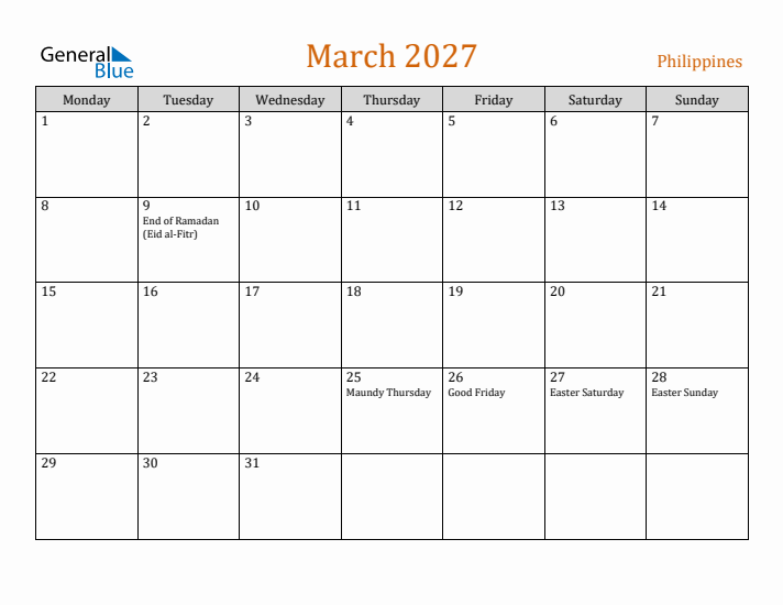 March 2027 Holiday Calendar with Monday Start