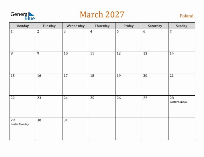 March 2027 Holiday Calendar with Monday Start