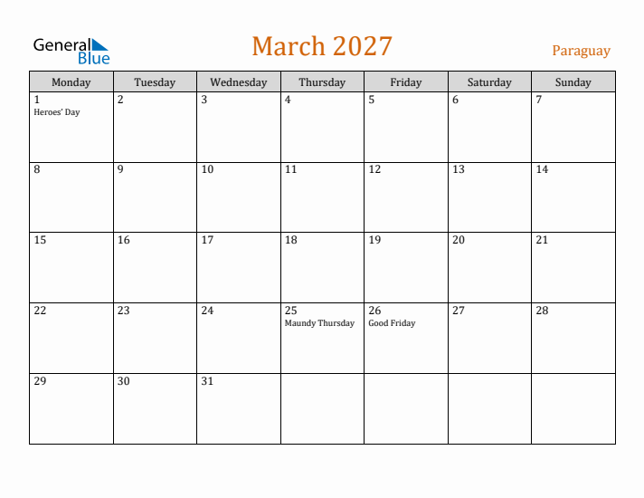 March 2027 Holiday Calendar with Monday Start