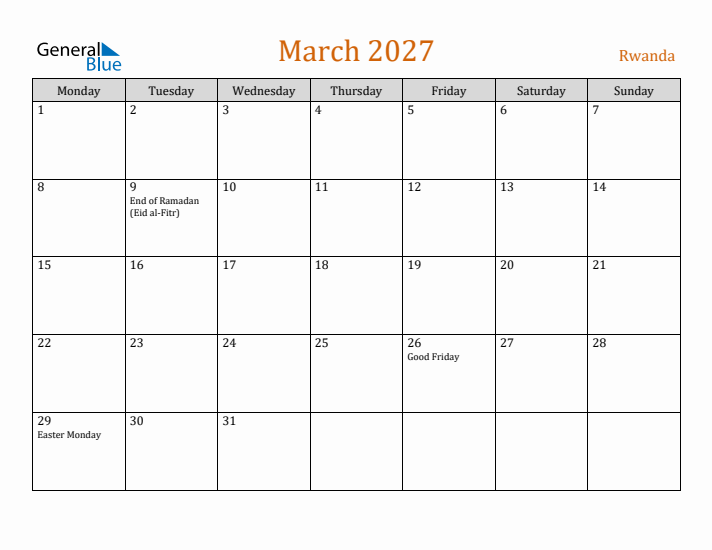 March 2027 Holiday Calendar with Monday Start