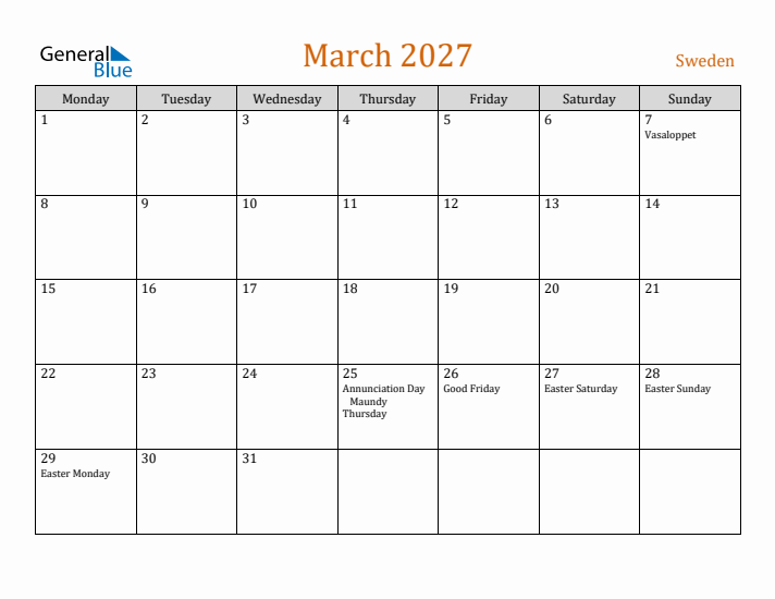 March 2027 Holiday Calendar with Monday Start