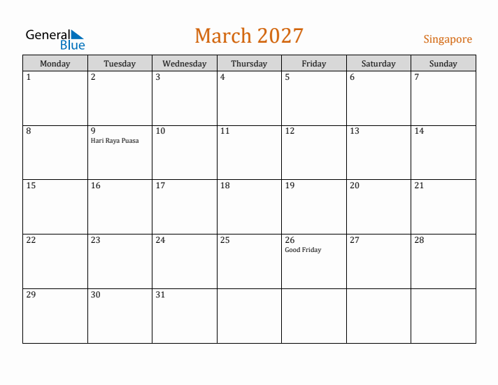 March 2027 Holiday Calendar with Monday Start