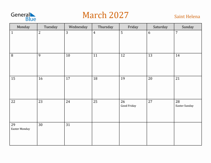 March 2027 Holiday Calendar with Monday Start