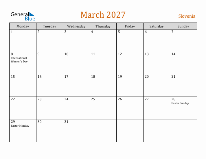 March 2027 Holiday Calendar with Monday Start