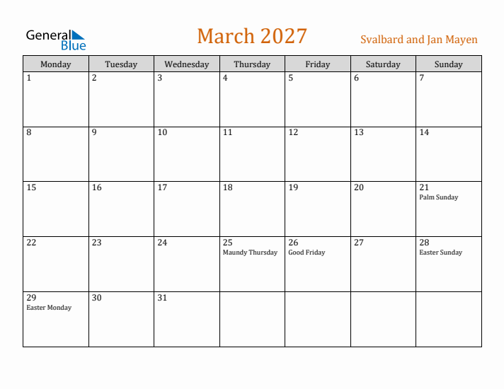 March 2027 Holiday Calendar with Monday Start