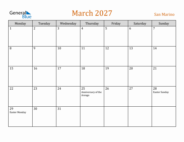 March 2027 Holiday Calendar with Monday Start