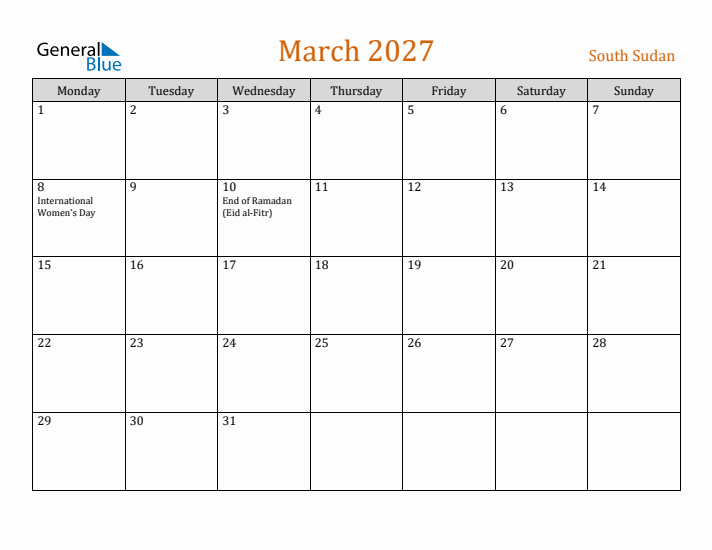 March 2027 Holiday Calendar with Monday Start