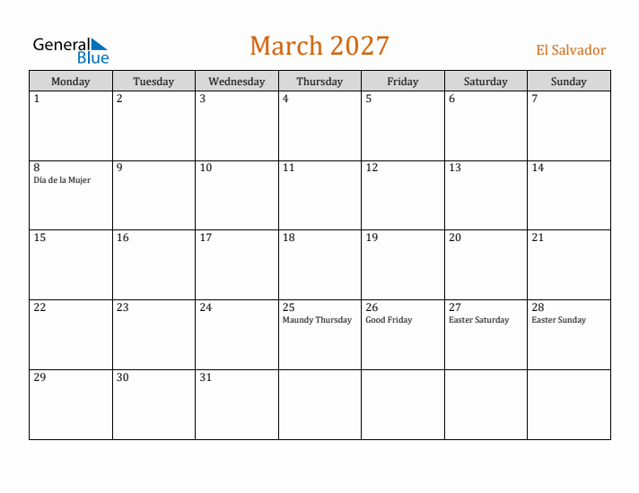 March 2027 Holiday Calendar with Monday Start