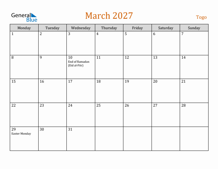 March 2027 Holiday Calendar with Monday Start