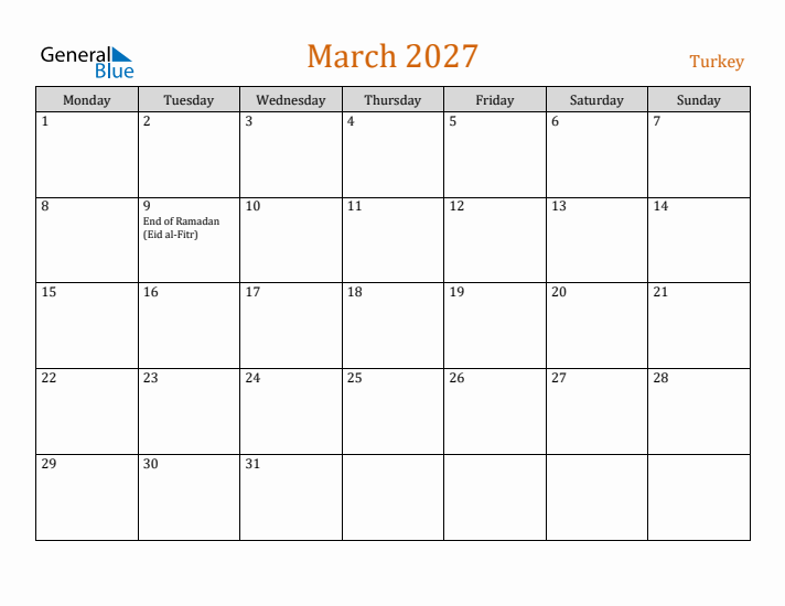 March 2027 Holiday Calendar with Monday Start