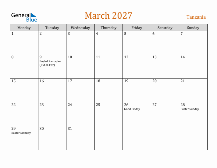 March 2027 Holiday Calendar with Monday Start