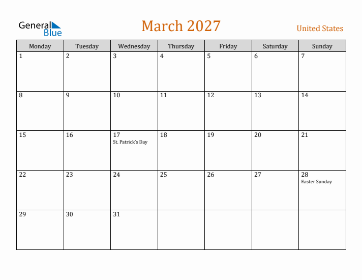 March 2027 Holiday Calendar with Monday Start