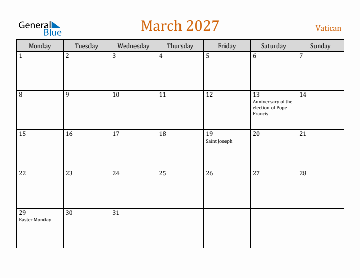 March 2027 Holiday Calendar with Monday Start