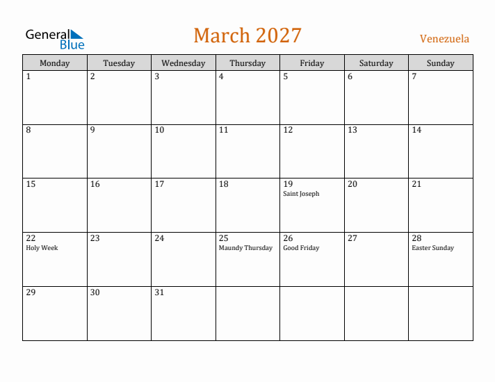 March 2027 Holiday Calendar with Monday Start