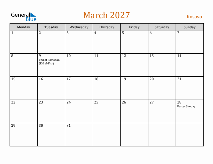 March 2027 Holiday Calendar with Monday Start