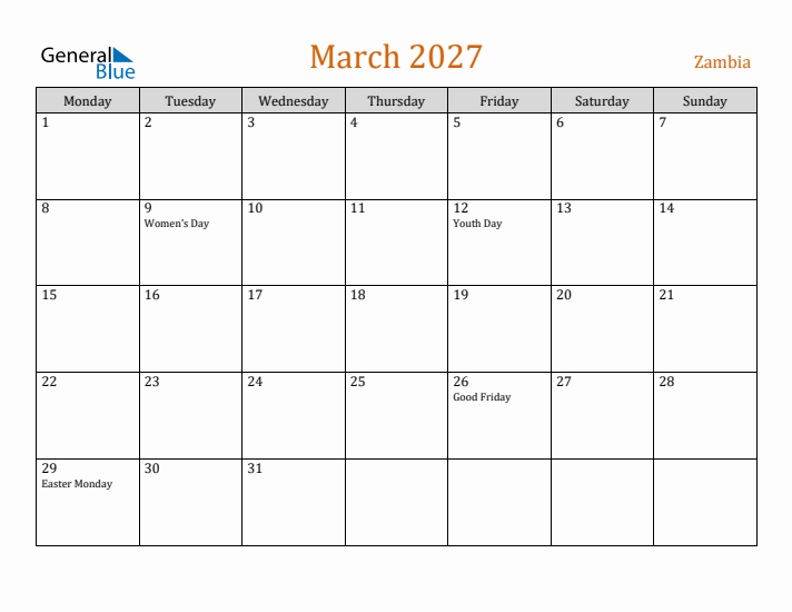 March 2027 Holiday Calendar with Monday Start