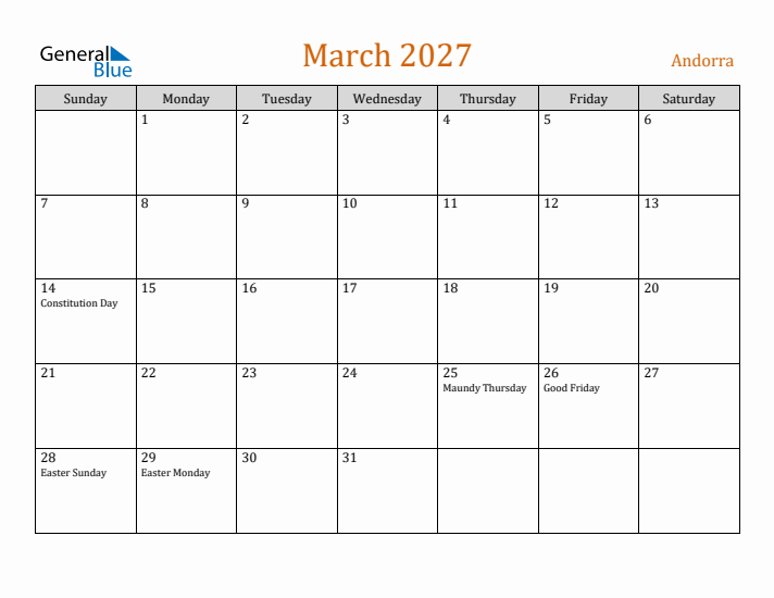 March 2027 Holiday Calendar with Sunday Start