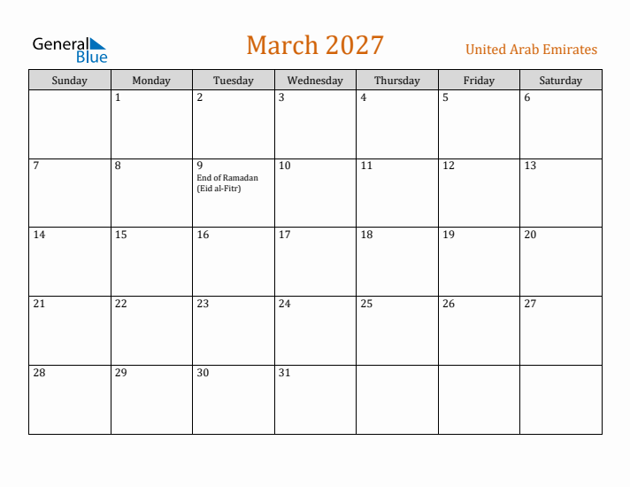 March 2027 Holiday Calendar with Sunday Start