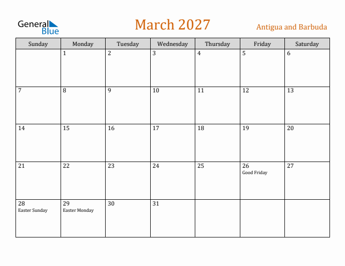 March 2027 Holiday Calendar with Sunday Start