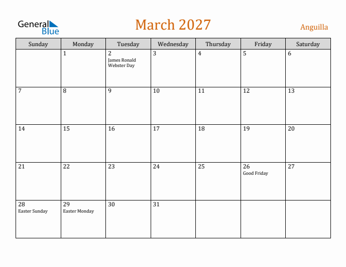 March 2027 Holiday Calendar with Sunday Start