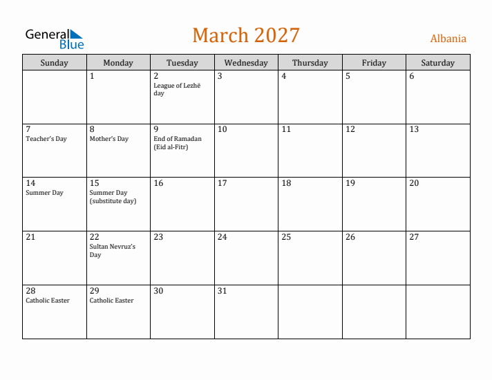 March 2027 Holiday Calendar with Sunday Start