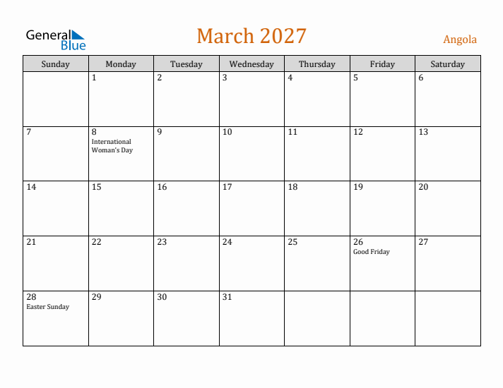 March 2027 Holiday Calendar with Sunday Start