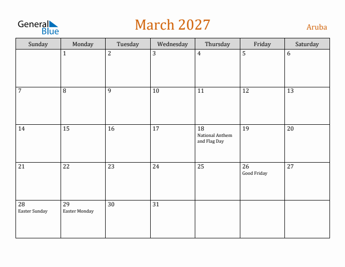 March 2027 Holiday Calendar with Sunday Start