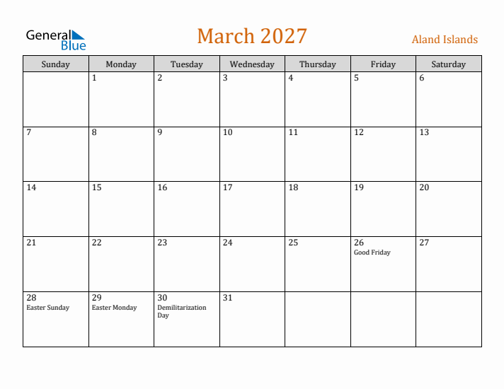 March 2027 Holiday Calendar with Sunday Start