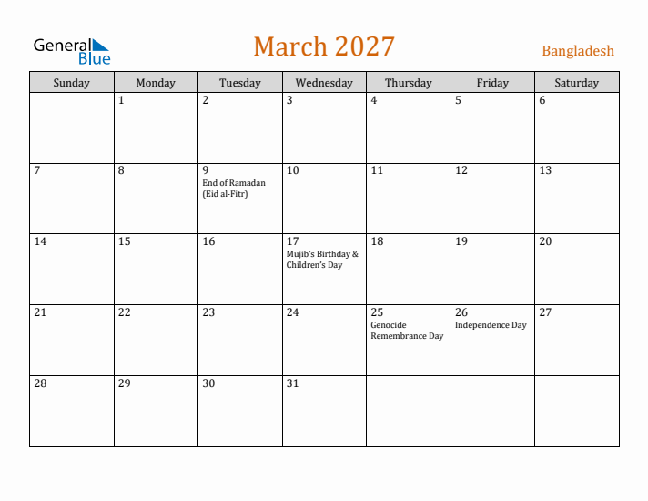 March 2027 Holiday Calendar with Sunday Start